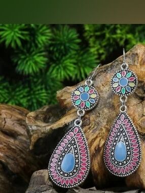 Boho Pink & Blue Teardrop Dangle Earrings - Women Jewelry
